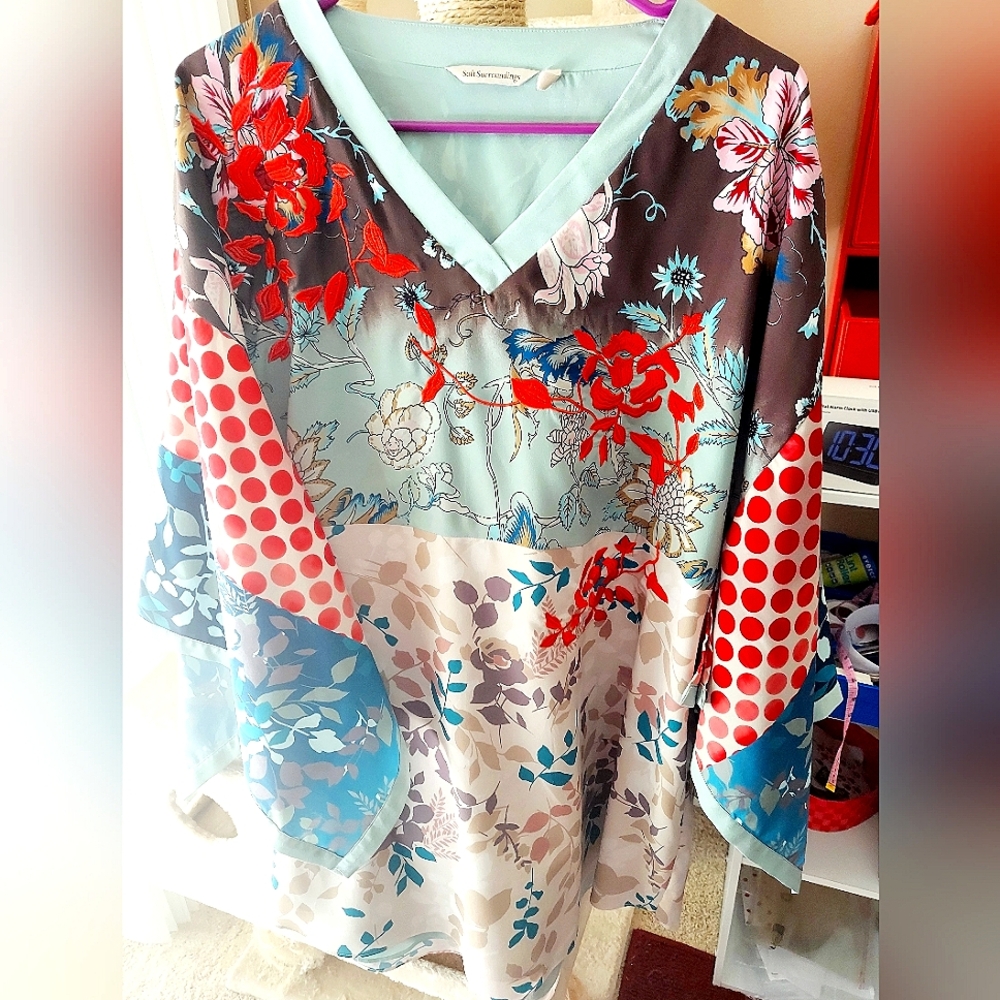 Soft Surroundings floral blouse with red embroidery XL *FIRM*